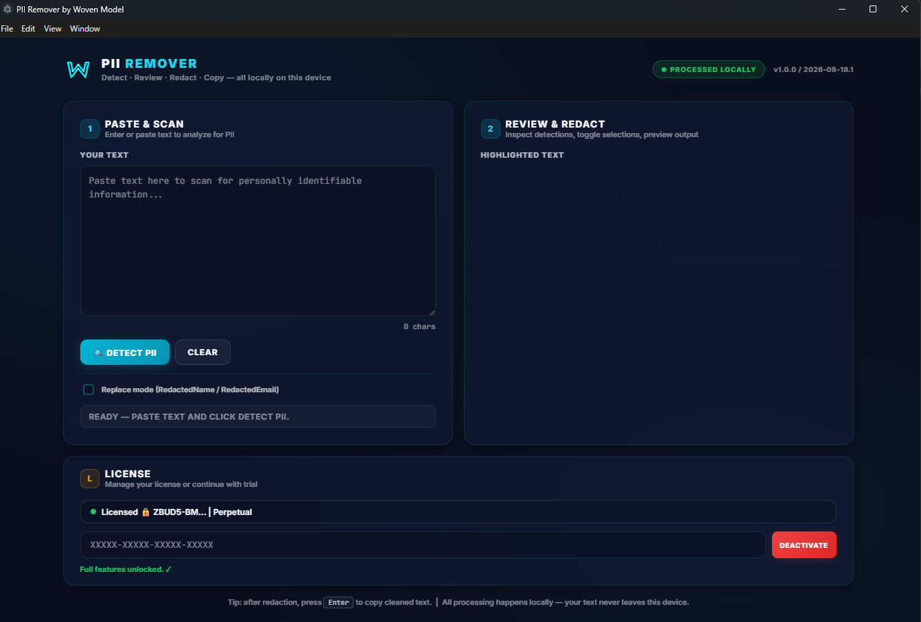Woven Model PII Remover - Detect, review, and redact sensitive data from text before using it in AI prompts